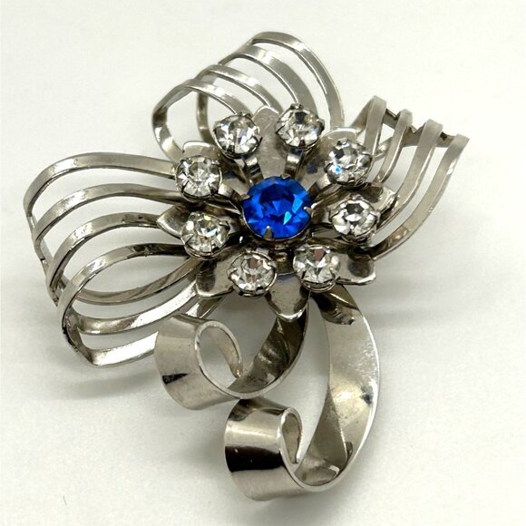 Vintage Bow Brooch Ribbon Pendant Floral & Clear Blue Center Silver-tone - Picture 1 of 11